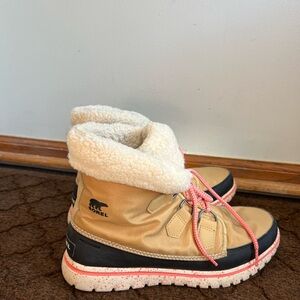 Sorel Tan and Black Winter Boots with pink/orange Accents